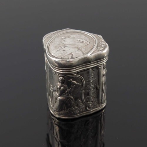 6 - A Dutch silver Loderein box, CH, Amsterdam 1763, embossed ogee cartouche form, the lid with an oval ... 