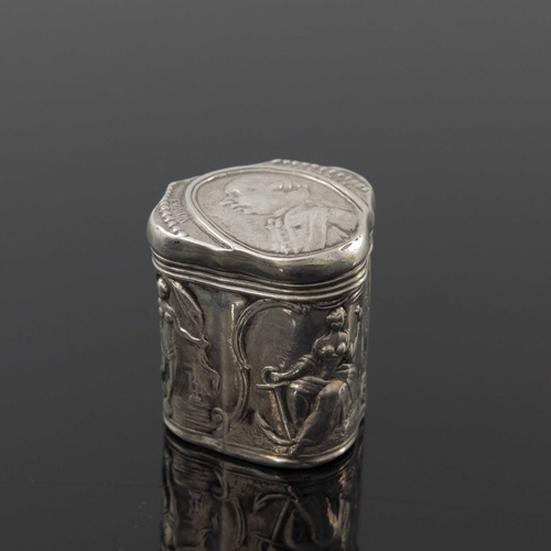 6 - A Dutch silver Loderein box, CH, Amsterdam 1763, embossed ogee cartouche form, the lid with an oval ... 