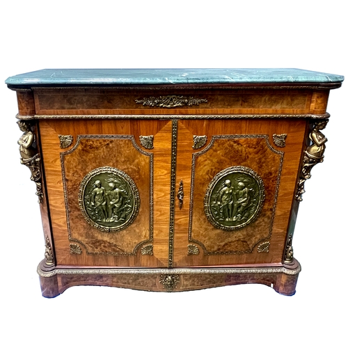 237 - A walnut pier cabinet of Louis XVI design, green veined marble top, gilt metal mounts, twin burr wal... 