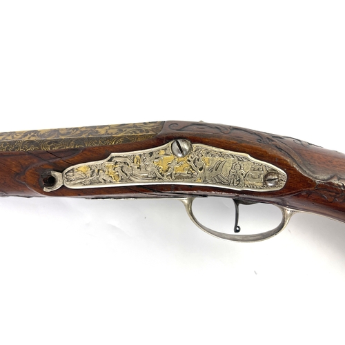 205 - An 18th century German/Austrian percussion sporting gun, 37 inch gilt and foliate barrel, lock plate... 