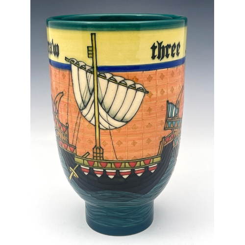 676 - Sally Tuffin for Dennis Chinaworks, Medieval Ships, footed cylindrical form, 2009, No.6 of 30, signe... 