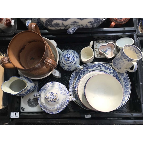 16 - A collection of ceramics, including two Sunderland lustre plates and bowl, a stoneware tyg with appl... 