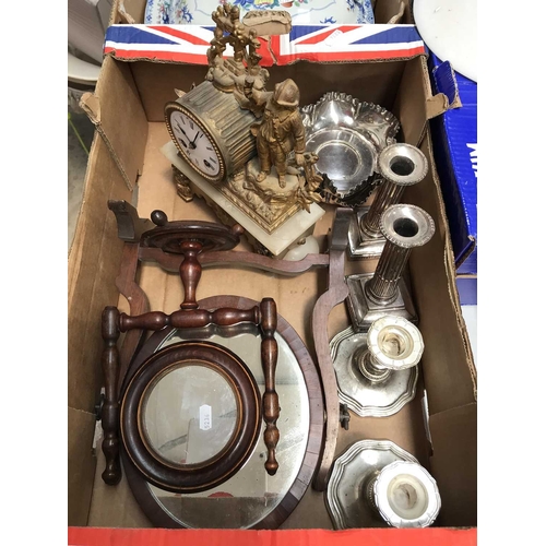 73 - Assorted items, including a 19th century gilt metal clock surmounted with drinking figure, two pairs... 