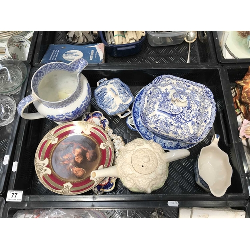 77 - A collection of ceramics, including an early 20th century Czechoslovakian plate, Staffordshire blue ... 