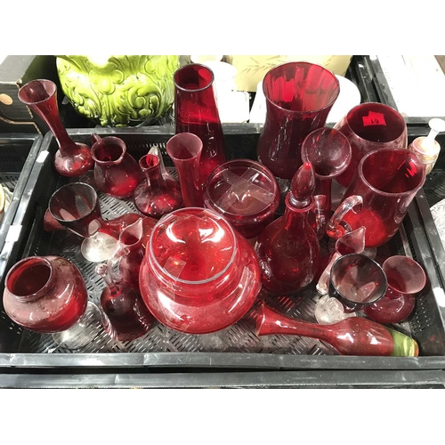 85 - A collection of mid century ruby glass, including Whitefriars, decanters etc