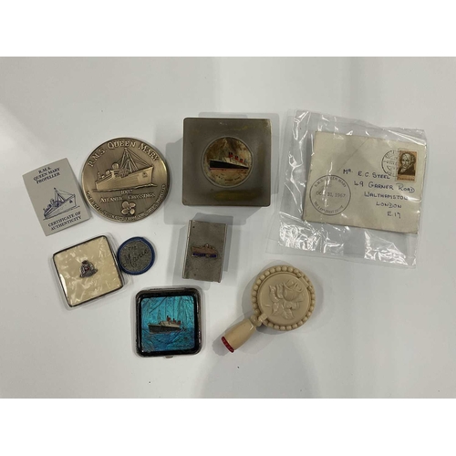 139C - A collection of items associated with R.M.S Queen Mary including a Marie powder compact with pearles... 