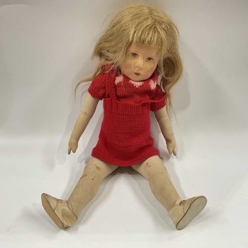 143A - A Kathe Kruse VEB Bad Kosen Kathe Kruse doll, moulded painted head with blond mohair wig,  face pain... 