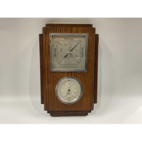 144E - An Art Deco oak mounted wall barometer, Rototherm, British Made Instrument SB (32cm x 20cm)