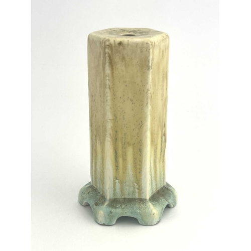 148A - Ruskin Pottery, a crystalline lamp base, 1930, hexagonal section cylindrical form, on bracket feet, ... 