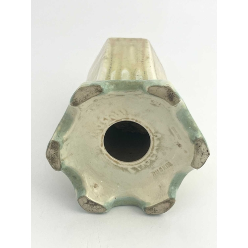 148A - Ruskin Pottery, a crystalline lamp base, 1930, hexagonal section cylindrical form, on bracket feet, ... 