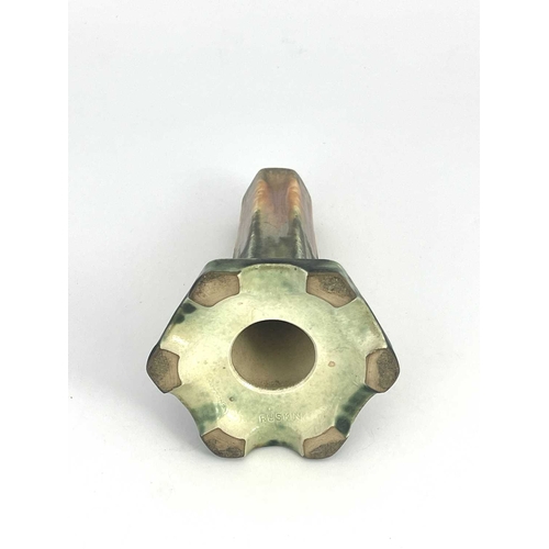 148B - Ruskin Pottery, a crystalline lamp base, circa 1932, hexagonal section splayed form, on bracket feet... 