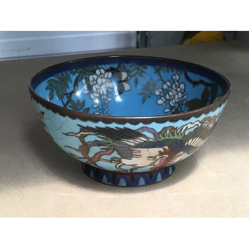 150 - A Chinese Cloisonne bowl, decorated with peonies and butterfly amongst foliage on blue ground, 12cm ... 