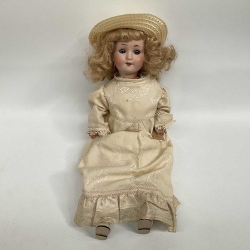 150E - Welsch & Co bisque head doll, sleeping blue eyes, painted open mouth and exposed teeth, composite jo... 