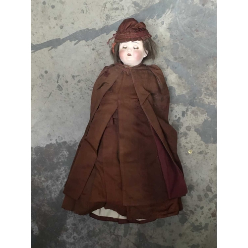 155 - A Schoenau Hoffmeister antique bisque head doll, brown wig, sleeping glass eyes, open mouth, jointed... 