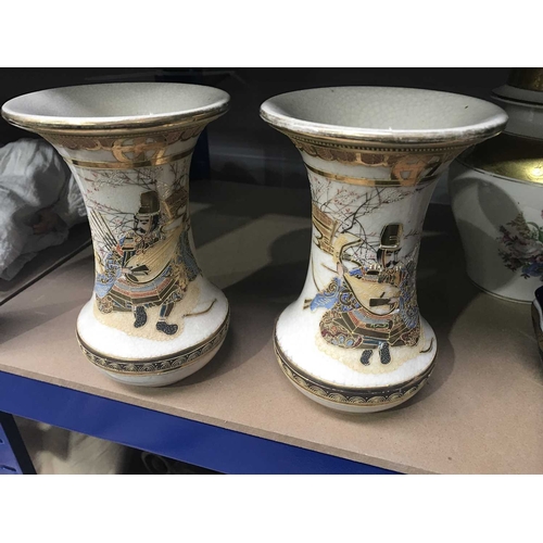 158D - A pair of Japanese Satsuma vases, waisted form, decorated with Samurai within lapett and diaper bord... 