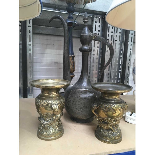 160 - A pair of Japanese cast gilt bronze vases and a Middle Eastern bazaar metal ewer (3)