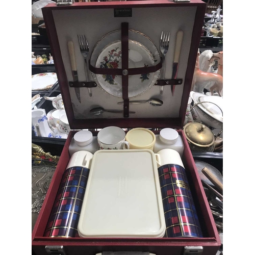 177 - A 20th century Brexton picnic travel case, including plates, cutlery, flasks, cups etc