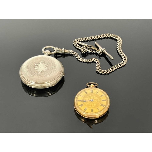 189 - A Continental 14k gold cased fob watch, together with a Continental pocket watch stamped 'fine silve... 