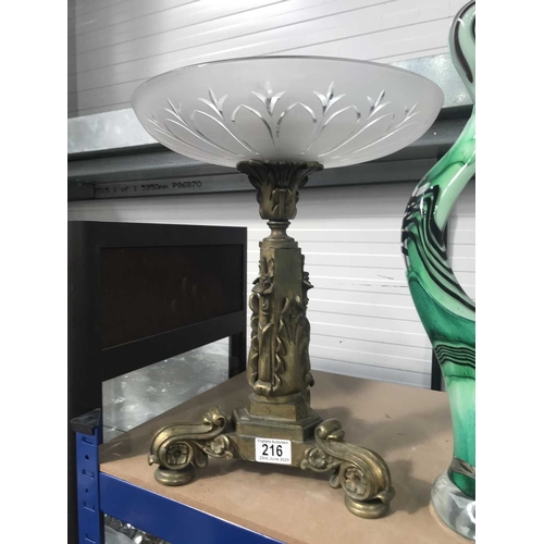 216 - A Victorian gilt brass and etched glass pedestal comport, on cast scroll and acanthus lappet tripod ... 