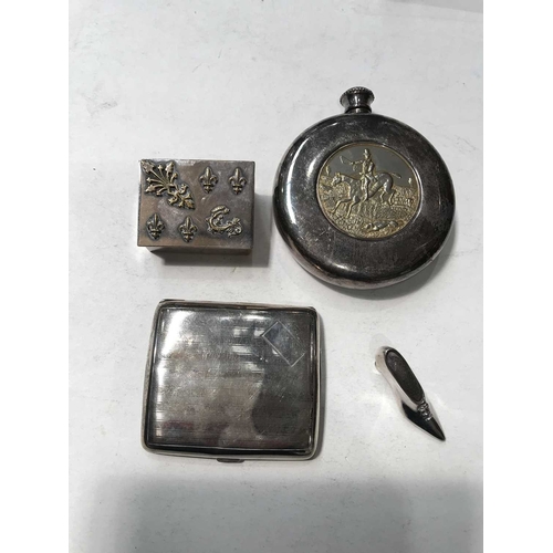 254 - A silver cigarette case, Elizabeth II silver shoe pin cushion, plated hip flask and stamp box (4)