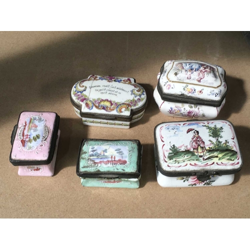 265 - A collection of French and Bilston enamel snuff boxes including Lille and Verve Perrin attributed (5... 