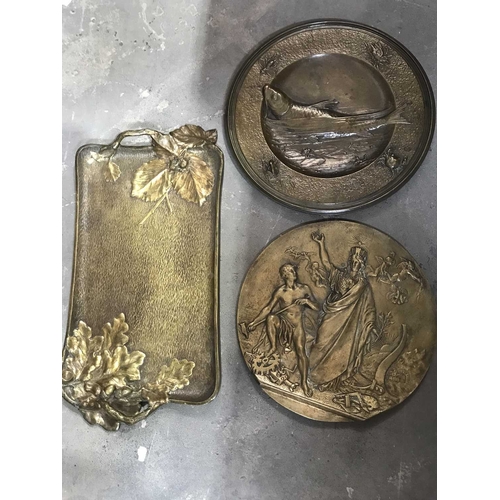 278 - Two Art Nouveau bronze plaques and a tray, including allegorical Industry and an aquatic charger, th... 