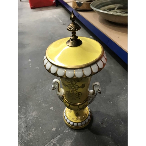 305 - A porcelain Campana Urn vase or lamp base, swan moulded handles, canary yellow with gilt decoration