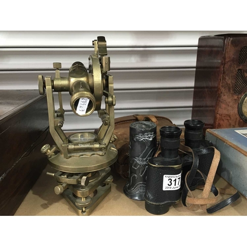 317 - A brass theodolite, pair of Kershaw military binoculars, and an Art Nouveau metal spill vase