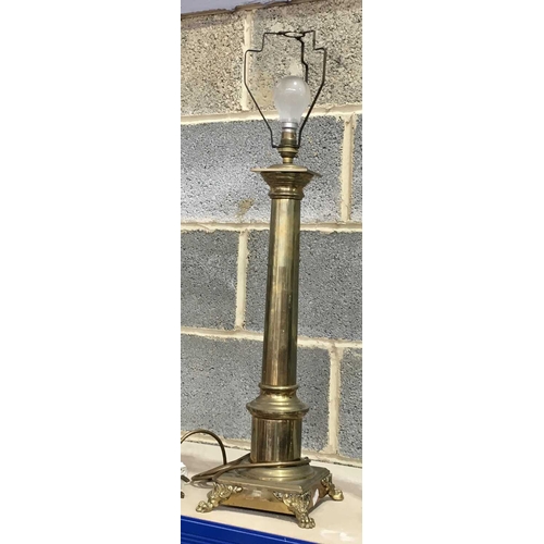 365 - A cast brass table lamp, turned knopped column on square base with acanthus cast feet, together with... 