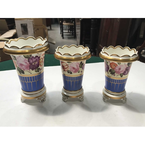 374 - English porcelain vase garniture, (3) 16cm high