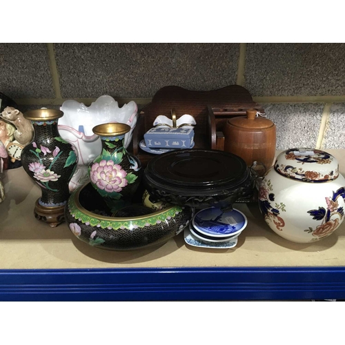 387 - A collection of ceramics, a wooden smoking companion set, a plated inkstand, cloisonne bowl and vase... 