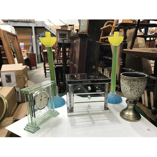 417 - A pair of Murano coloured art glass candlesticks, a small set of mirrored trinket drawers, a mosaic ... 