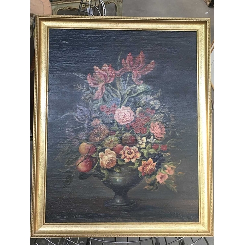 433 - Van de Holst (Dutch, 20th Century), still life of flowers and fruit in an urn, signed l.l., oil on b... 