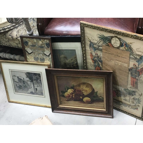 451 - Assorted pictures, including a framed pair of Chinese silk embroidered sleeves with bullion detailin... 