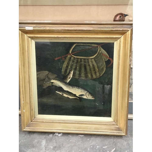 456 - ... Grove (British, late 19th Century), naive still life of fish, fishing rod and basket, signed l.r... 