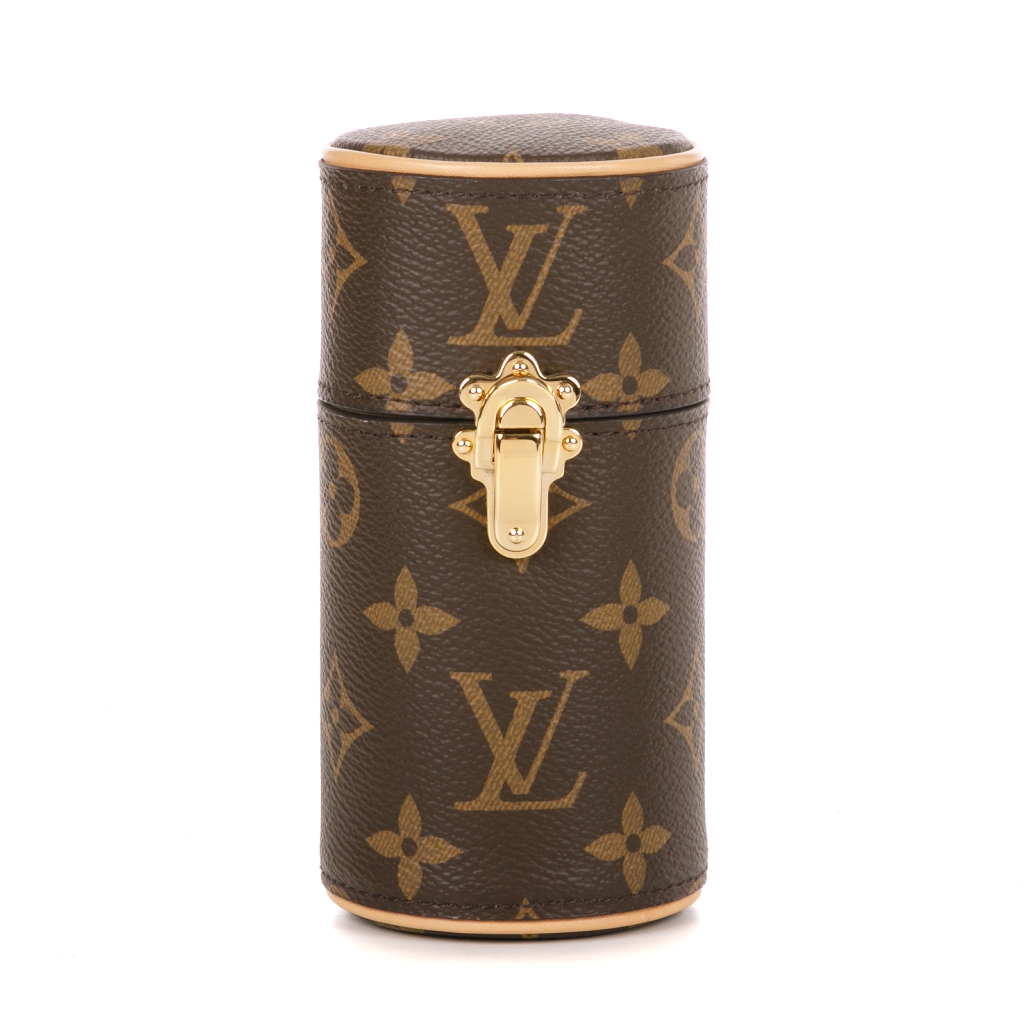 Louis Vuitton, a monogram perfume travel case, designed in a cylindrical  shape with the maker's sign