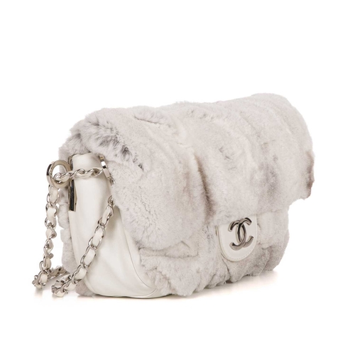 White Chanel Fuzzy Purse Chanel Runway Couture White Fur Leather