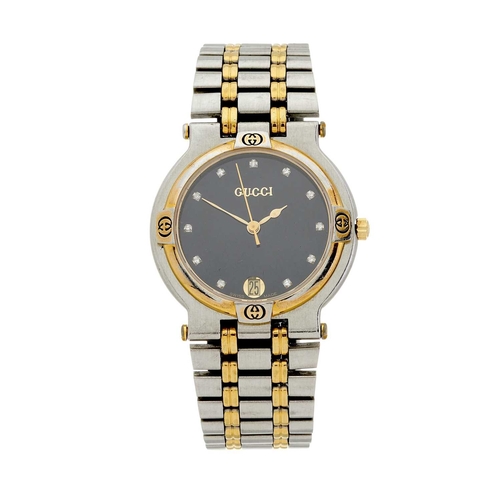 360 - Gucci, a stainless steel and gold plated 9000M bracelet watch, diamond set black dial, reference 900... 