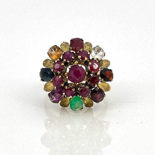 26 - A 14k gold ruby and other gemstone 'Message Ring', ring size O 1/2/P, 4.8g