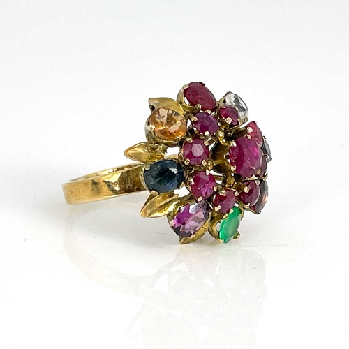 26 - A 14k gold ruby and other gemstone 'Message Ring', ring size O 1/2/P, 4.8g