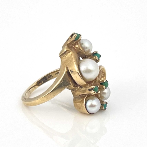 27 - A gold cultured pearl and turquoise scroll ring, ring size J 1/2, 5.8g