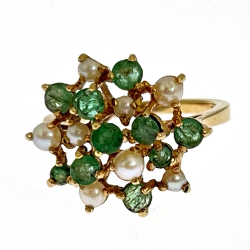 3 - A 9ct gold emerald and split pearl cluster ring, ring size N 1/2/O, 3.8g