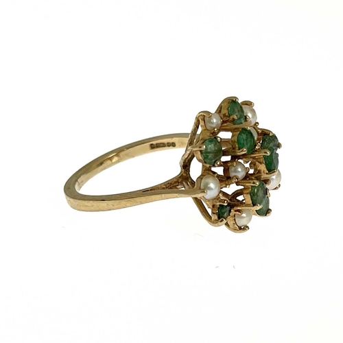 3 - A 9ct gold emerald and split pearl cluster ring, ring size N 1/2/O, 3.8g