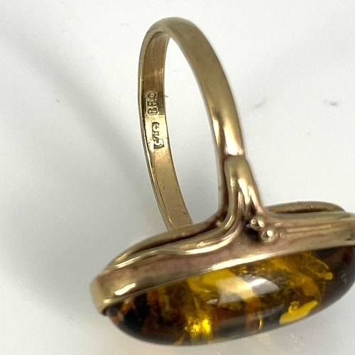 38 - A 9ct gold garnet cluster ring and a 9ct gold amber ring, ring sizes: P/P 1/2 and M 1/2, 7.2g (2)