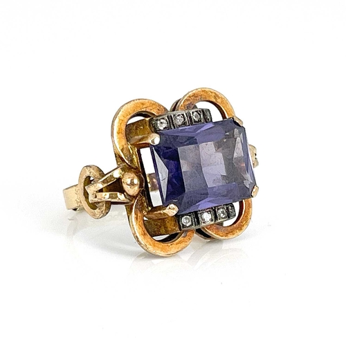 39 - A yellow gold synthetic sapphire and white stone ring, ring size Q 1/2/R, 10.2g