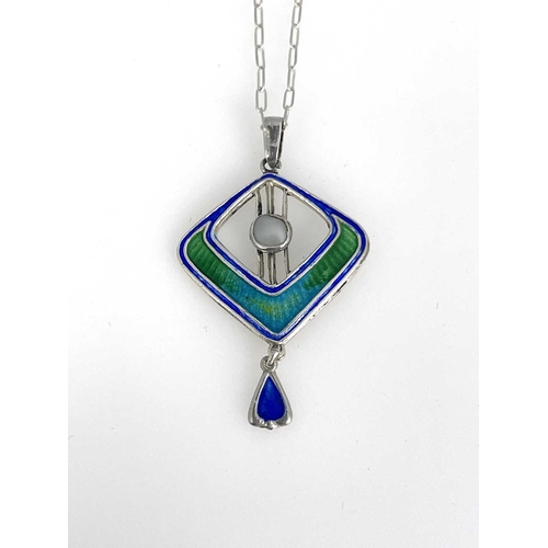 49 - Charles Horner, an Arts and Crafts silver and enamelled pendant, Chester 1920, diamond shaped Egypti... 