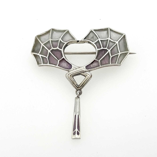 57 - Heinrich Levinger, a Jugendstil silver and plique a jour enamelled brooch, of knotted double wing fo... 