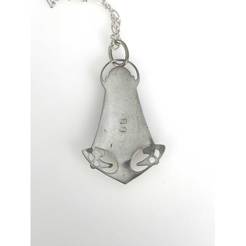 58 - Murrle Bennett and Co., an Arts and Crafts silver and enamelled pendant, spear head form with open C... 