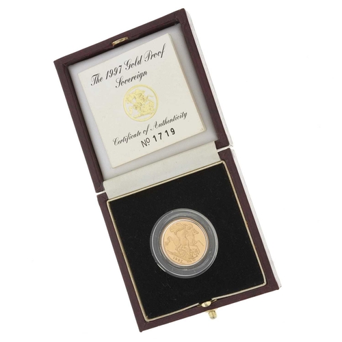 72 - Elizabeth II, a 1997 gold proof full sovereign coin, with original Royal Mint case and Certificate o... 