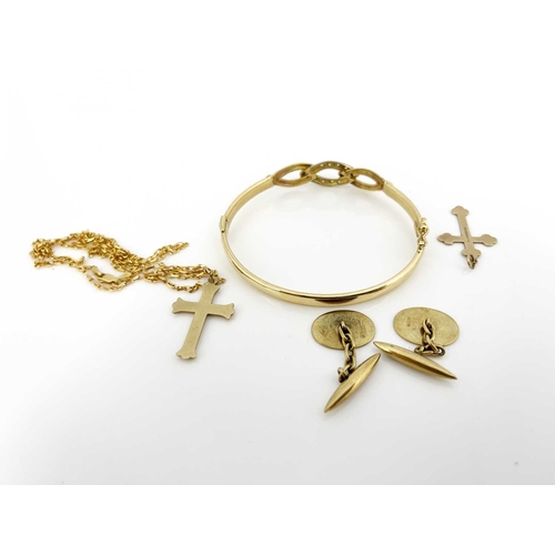 8 - Gold jewellery including a gem set bangle, pair of 9 carat gold cufflinks, two pendant crosses and a... 